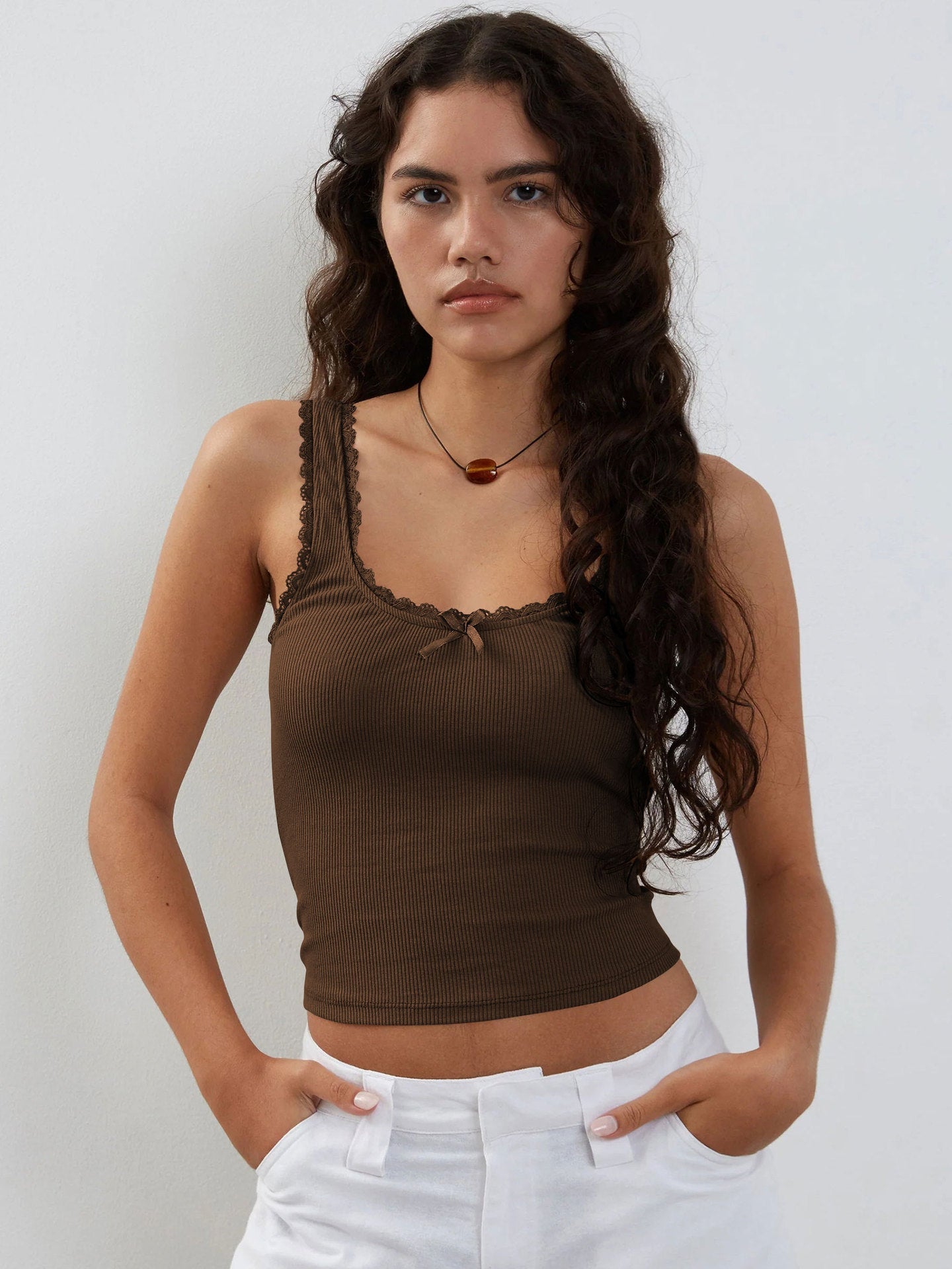 Dames Ribbed Camisole Lace Trim Bow Detail