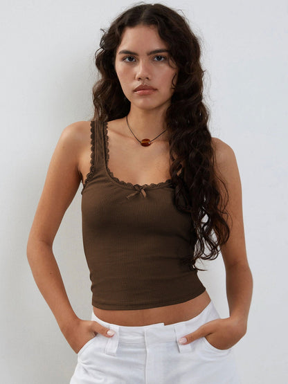 Dames Ribbed Camisole Lace Trim Bow Detail