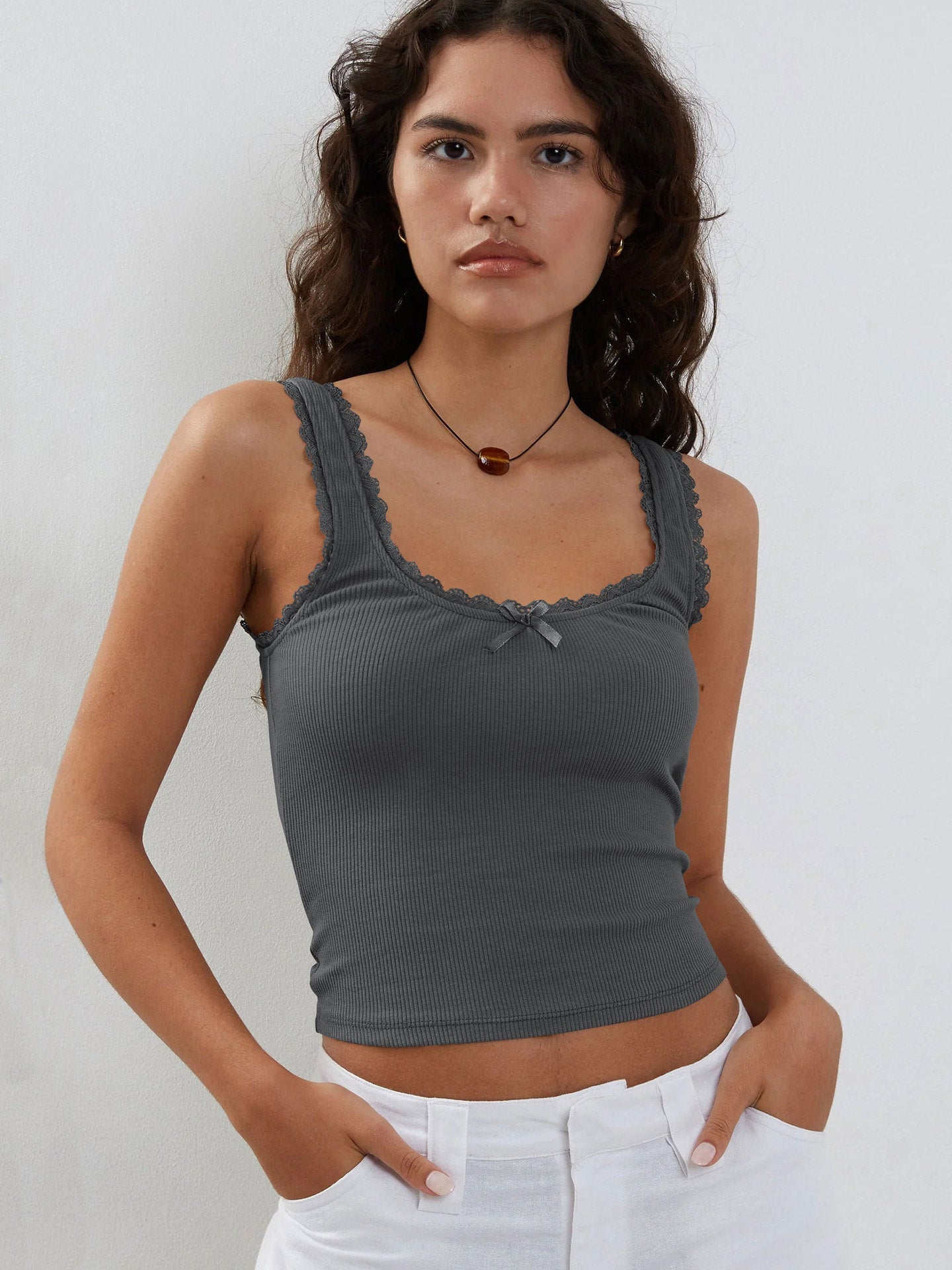 Dames Ribbed Camisole Lace Trim Bow Detail
