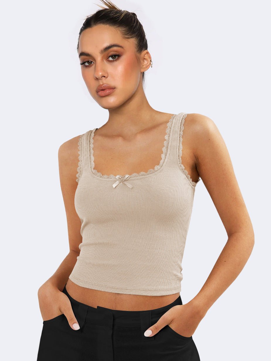 Dames Ribbed Camisole Lace Trim Bow Detail