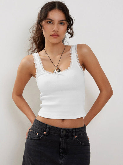 Dames Ribbed Camisole Lace Trim Bow Detail