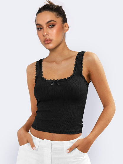 Dames Ribbed Camisole Lace Trim Bow Detail