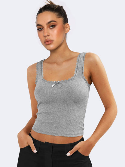 Dames Ribbed Camisole Lace Trim Bow Detail