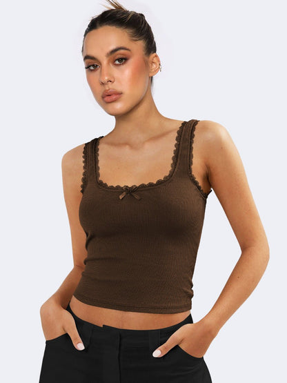 Dames Ribbed Camisole Lace Trim Bow Detail
