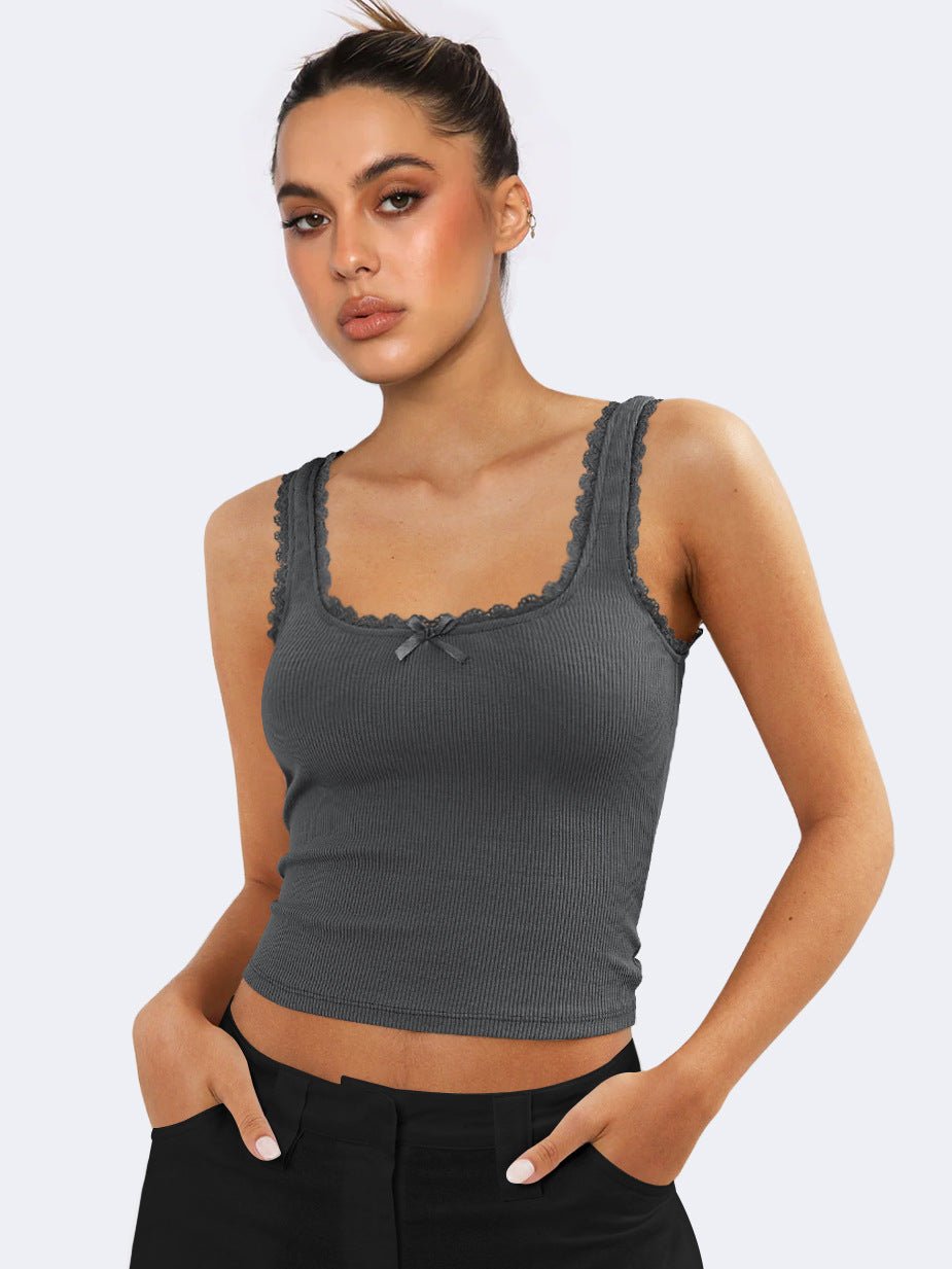 Dames Ribbed Camisole Lace Trim Bow Detail