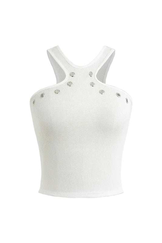 Dames Ribbed Halter Top Eyelet Detail Crop