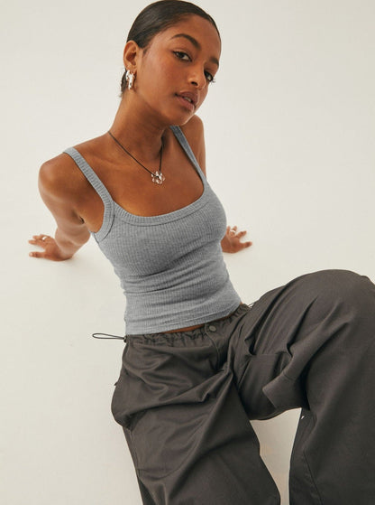 Dames Ribbed Square Neck Crop Top Mouwloos