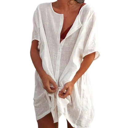 Dames Strand Hemdjurk Met Korte Mouwen Modehuis-Nederland