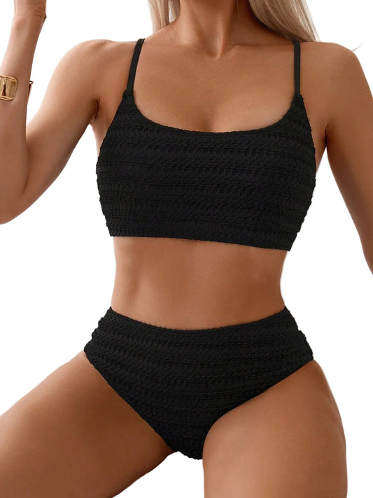 Dames Textured High Waist Bikini Set Crop Top