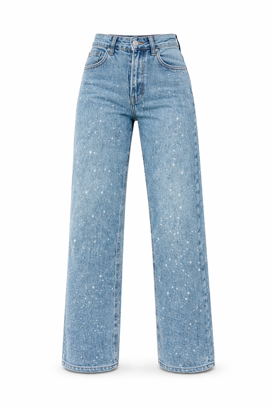 Dames Wide Leg High Waist Jeans met Strass
