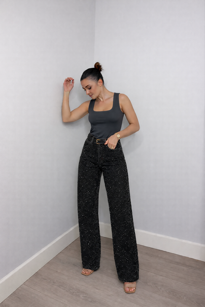 Dames Wide Leg High Waist Jeans met Strass