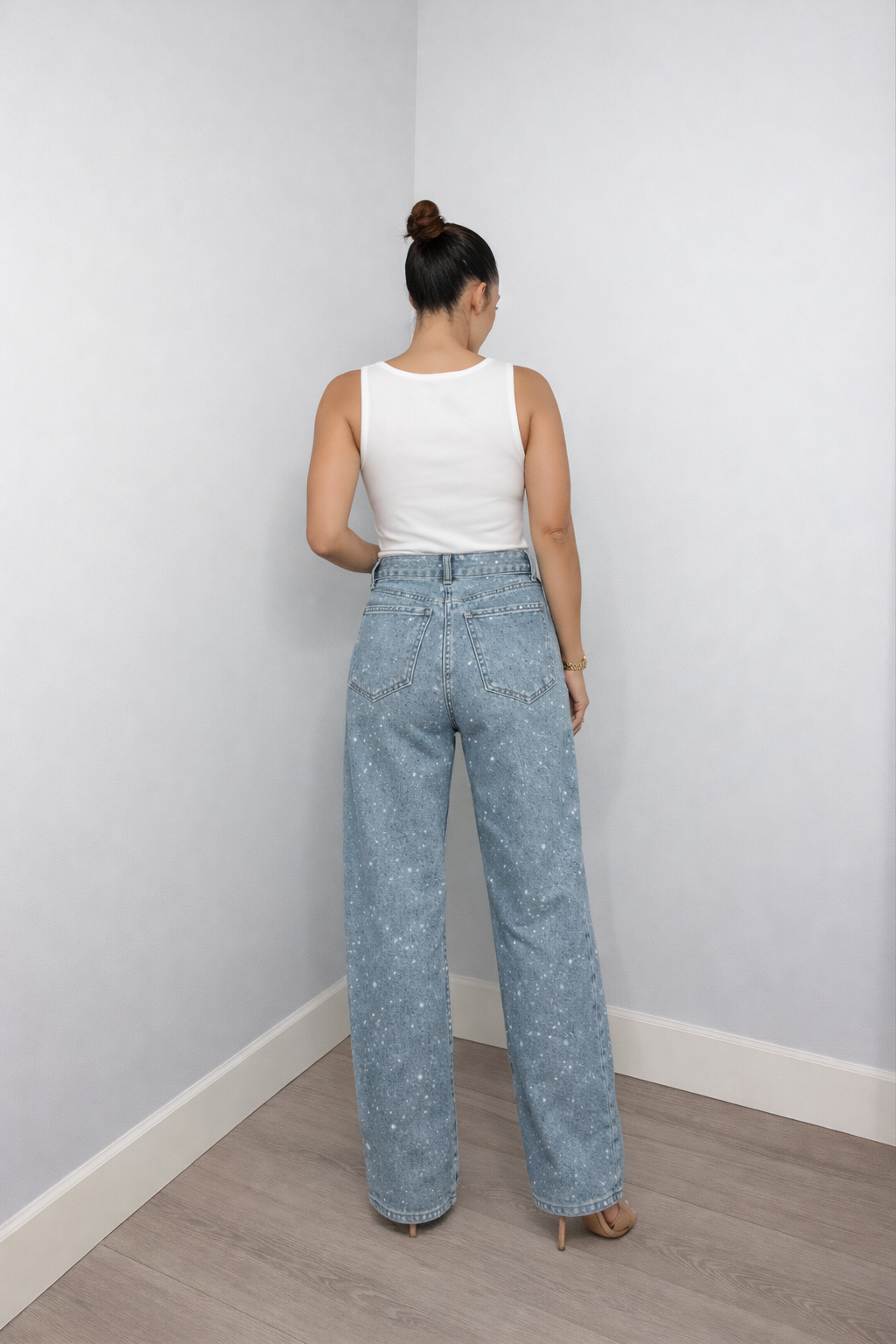 Dames Wide Leg High Waist Jeans met Strass