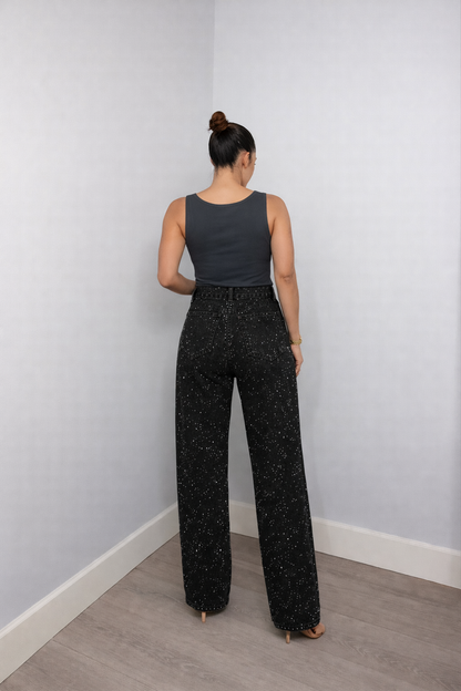 Dames Wide Leg High Waist Jeans met Strass