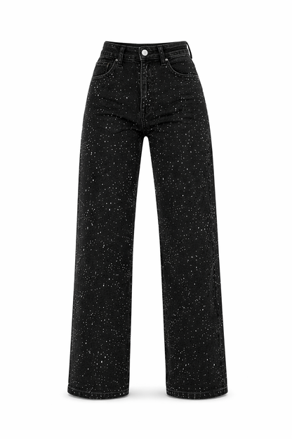 Dames Wide Leg High Waist Jeans met Strass