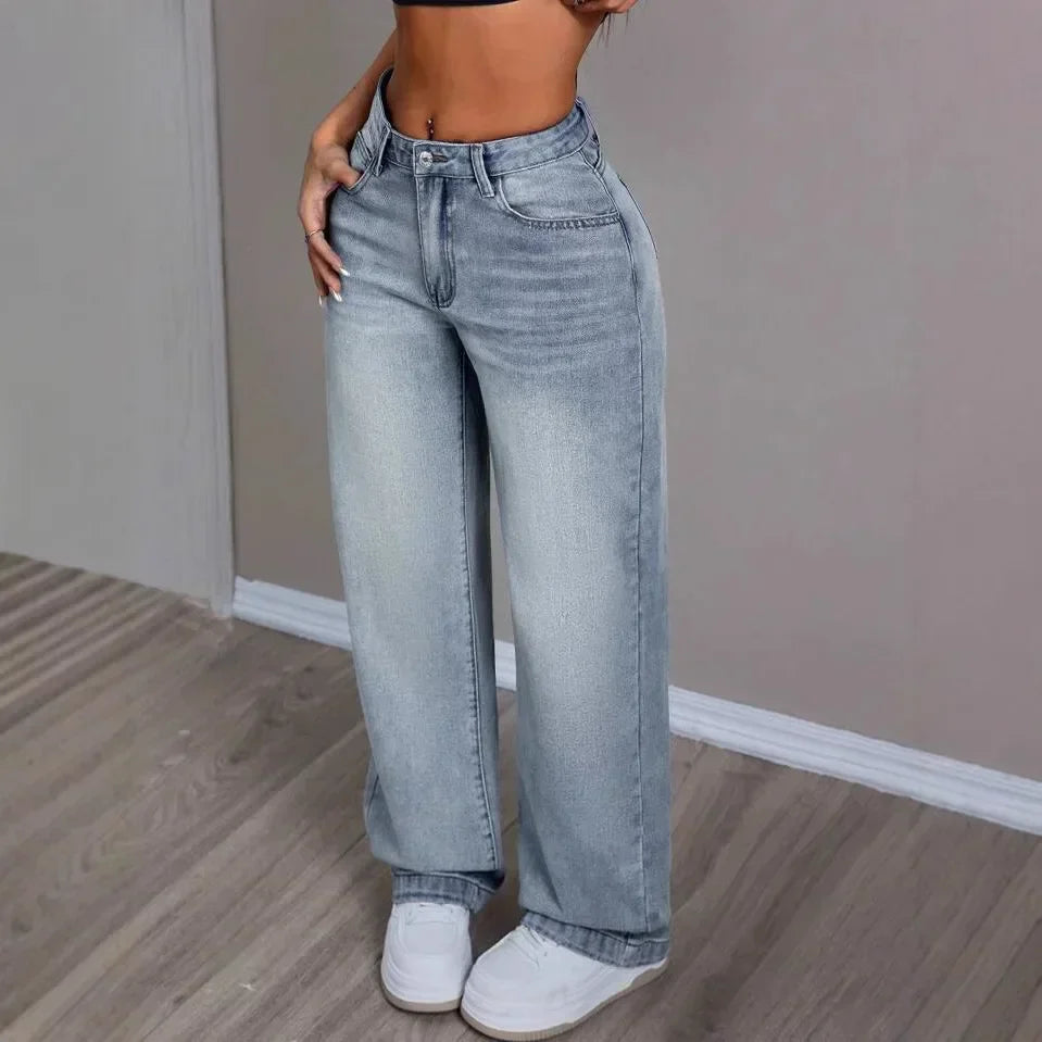 Dames Wide Leg Jeans Washed Lang