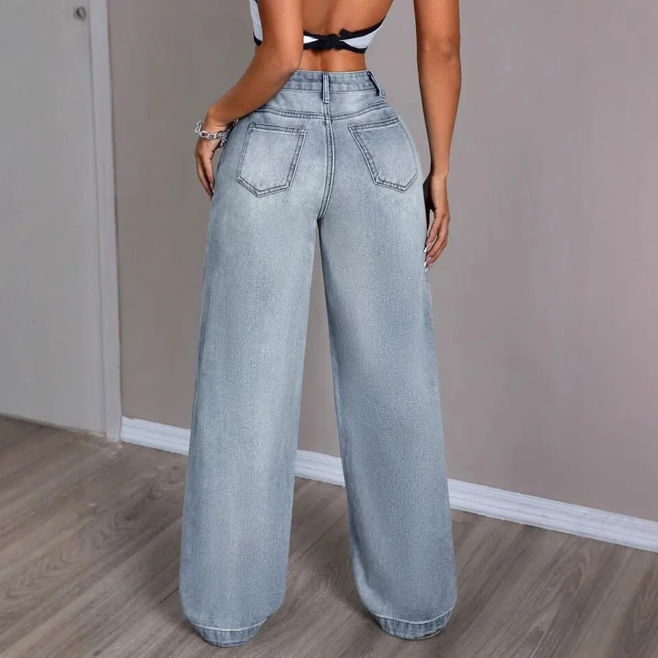 Dames Wide Leg Jeans Washed Lang