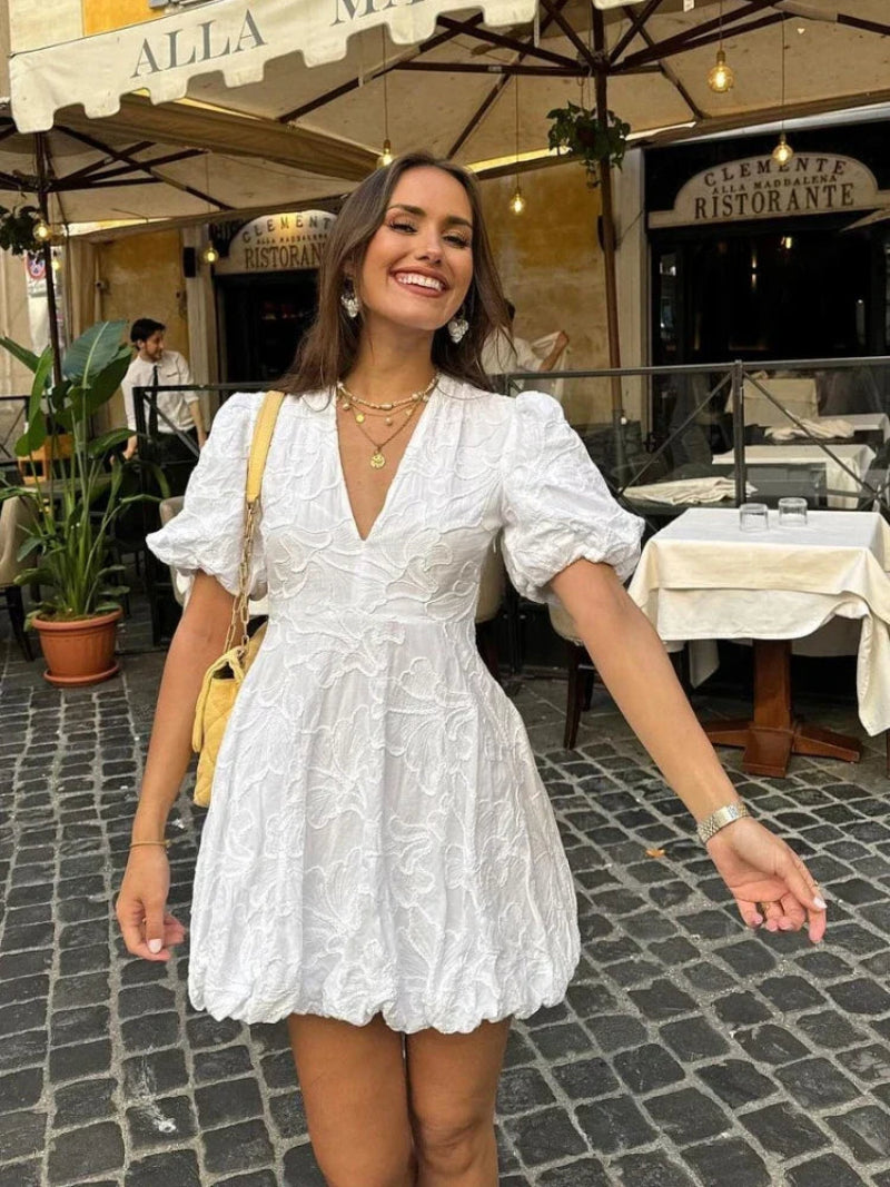 Dames Witte Zomerjurk Pofmouwen Mini
