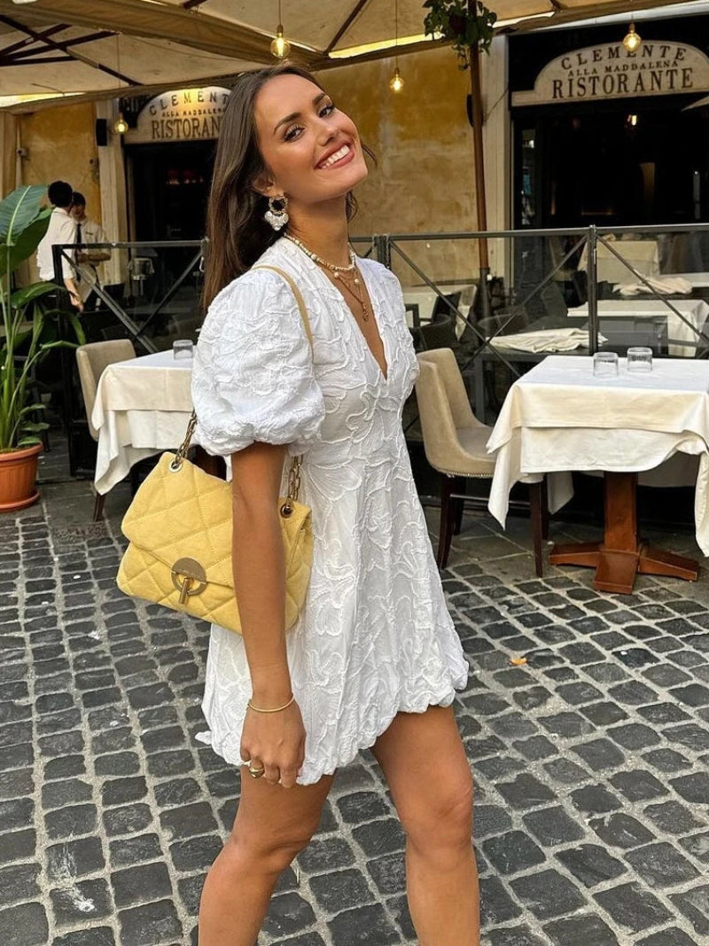 Dames Witte Zomerjurk Pofmouwen Mini