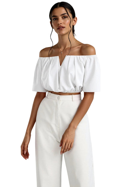 Dames crop top met blote schouders en pofmouwen V-hals
