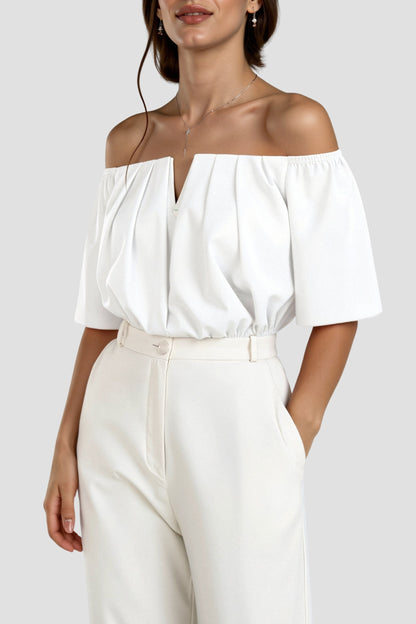 Dames crop top met blote schouders en pofmouwen V-hals