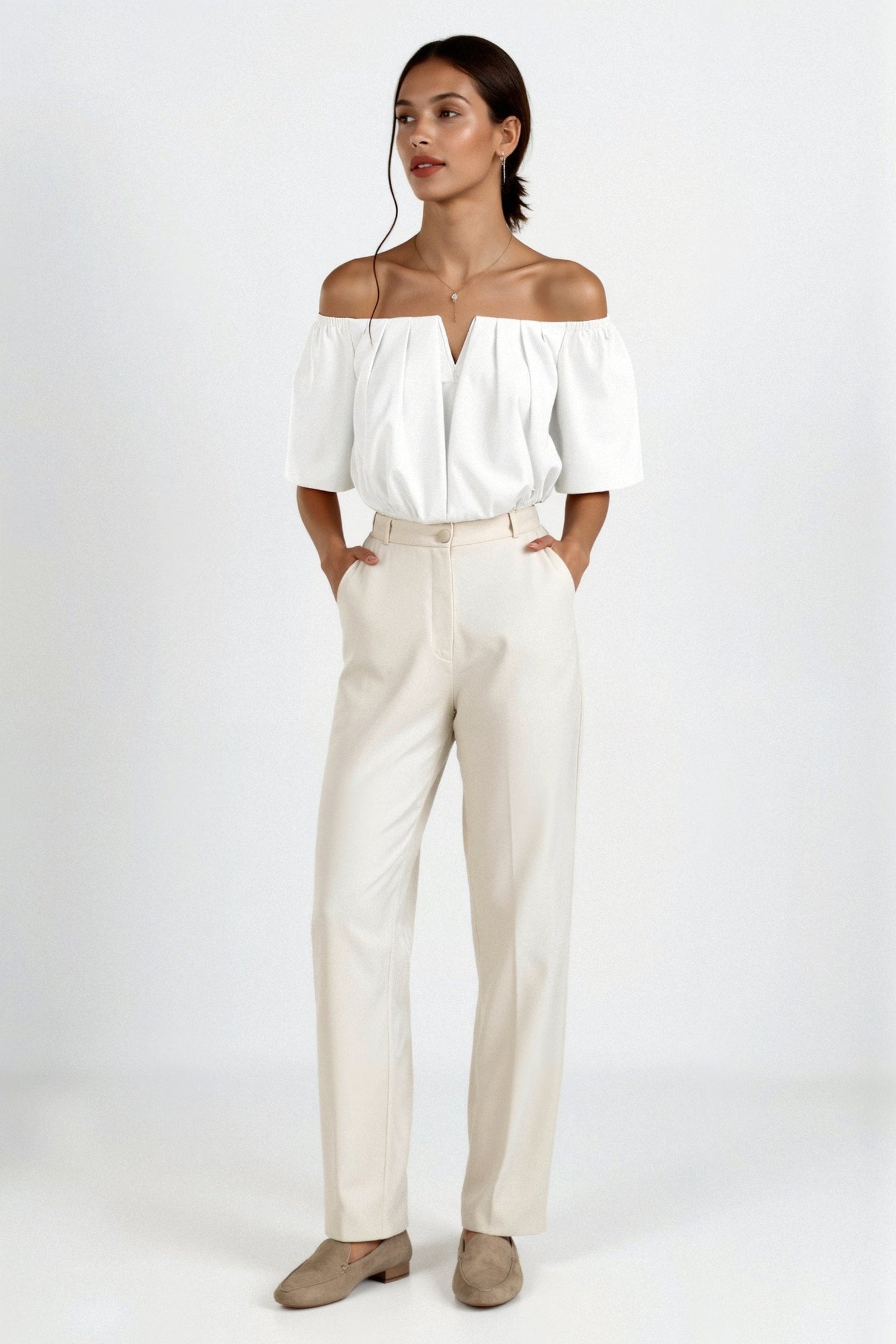 Dames crop top met blote schouders en pofmouwen V-hals