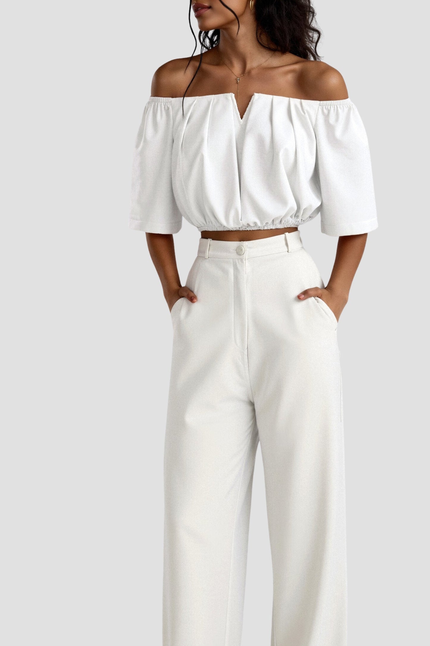 Dames crop top met blote schouders en pofmouwen V-hals