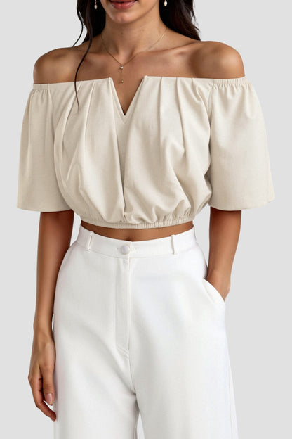 Dames crop top met blote schouders en pofmouwen V-hals