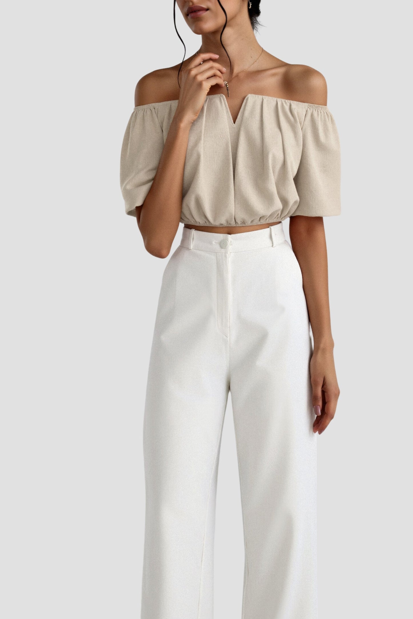 Dames crop top met blote schouders en pofmouwen V-hals
