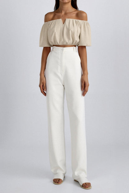 Dames crop top met blote schouders en pofmouwen V-hals