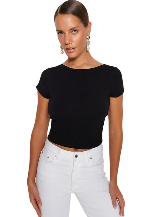 Dames crop top met open rug en korte mouwen Aansluitend
