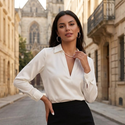 Damesblouse lange mouwen met V-hals en kraag Modehuis-Nederland