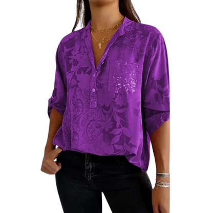 Damesblouse met V hals en bloemenprint Korte mouwen