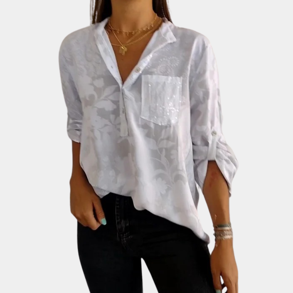 Damesblouse met V hals en bloemenprint Korte mouwen