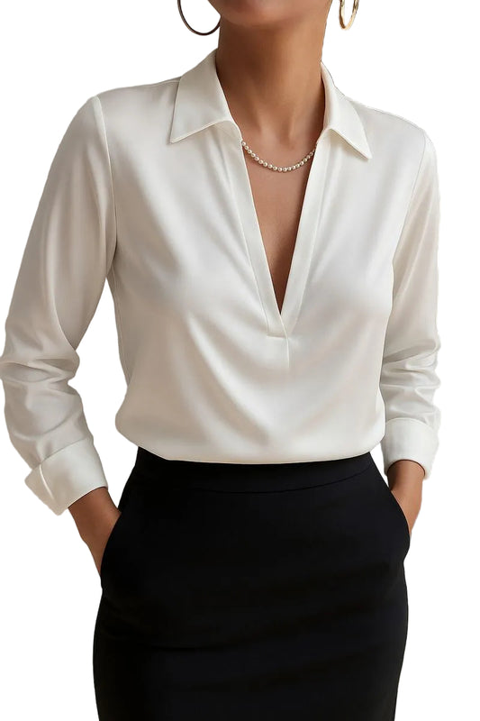 Damesblouse lange mouwen met V-hals en kraag