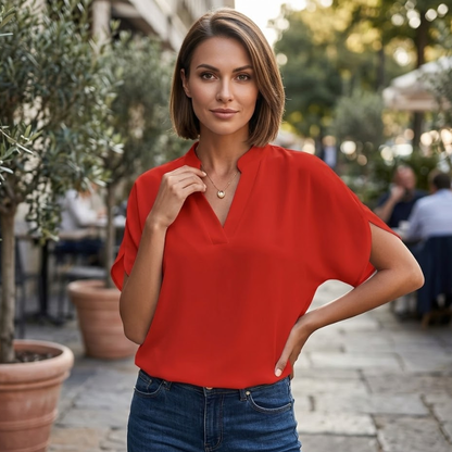 Damesblouse met V hals en korte mouwen Modehuis-Nederland