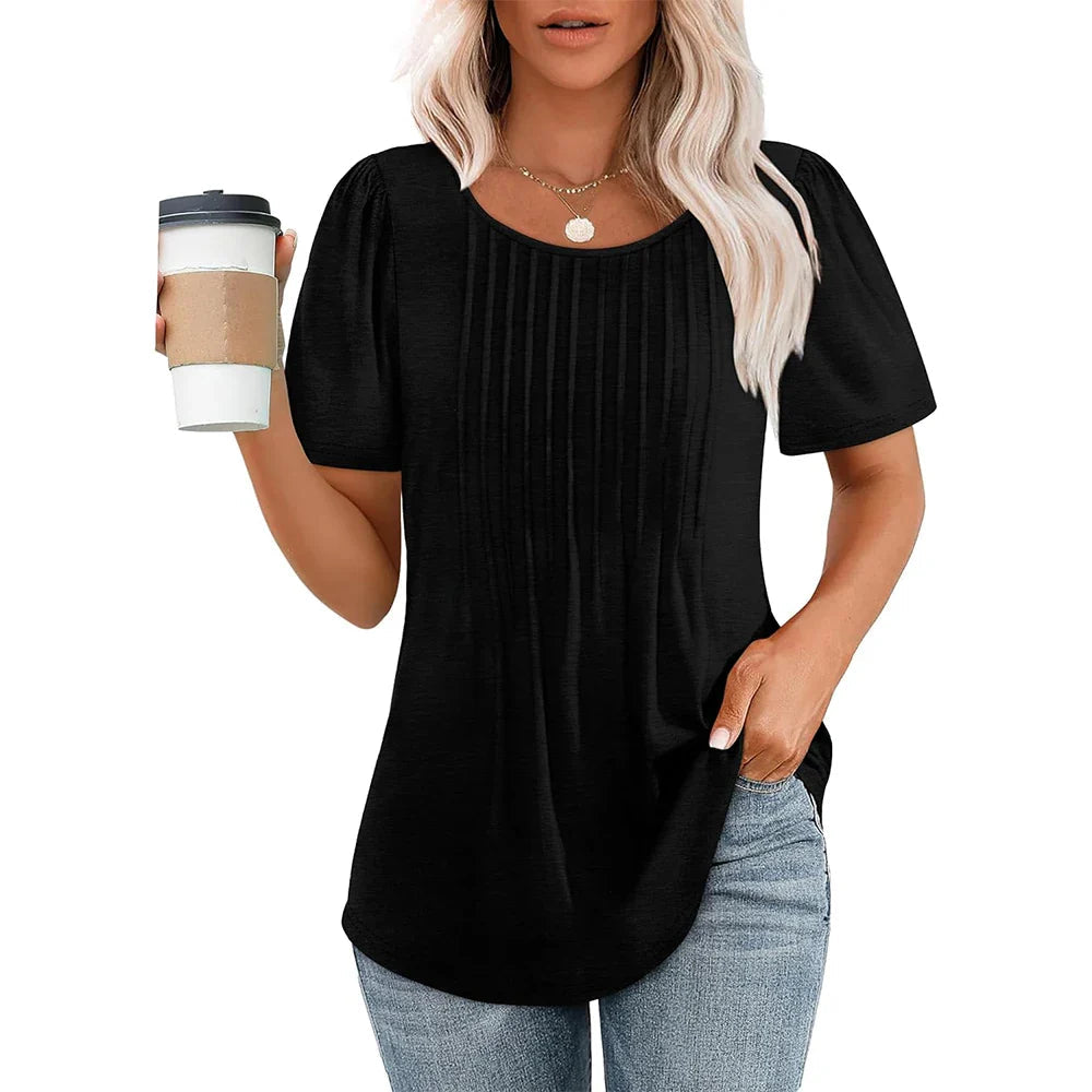 Damesblouse met korte mouwen en plooien