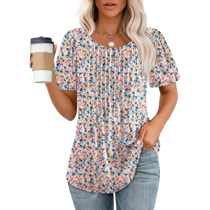 Damesblouse met korte mouwen en plooien