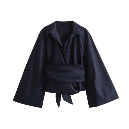 Damesblouse met wikkeldetails wijde mouwen en strikceintuur