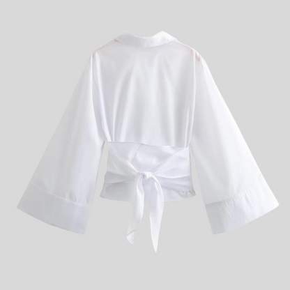 Damesblouse met wikkeldetails wijde mouwen en strikceintuur