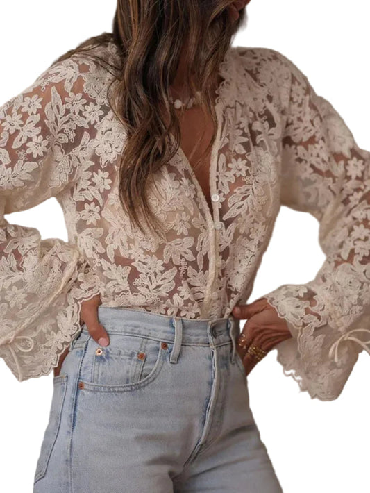Damesblouse van kant met V hals en wijde mouwen