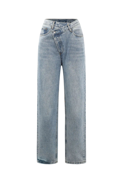 Damesjeans met wijde pijpen en gekruiste bandjes