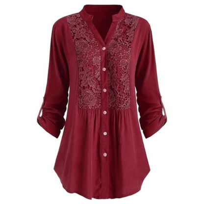Damestuniekblouse met V hals en kant Lange mouwen