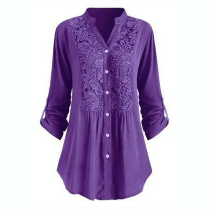 Damestuniekblouse met V hals en kant Lange mouwen