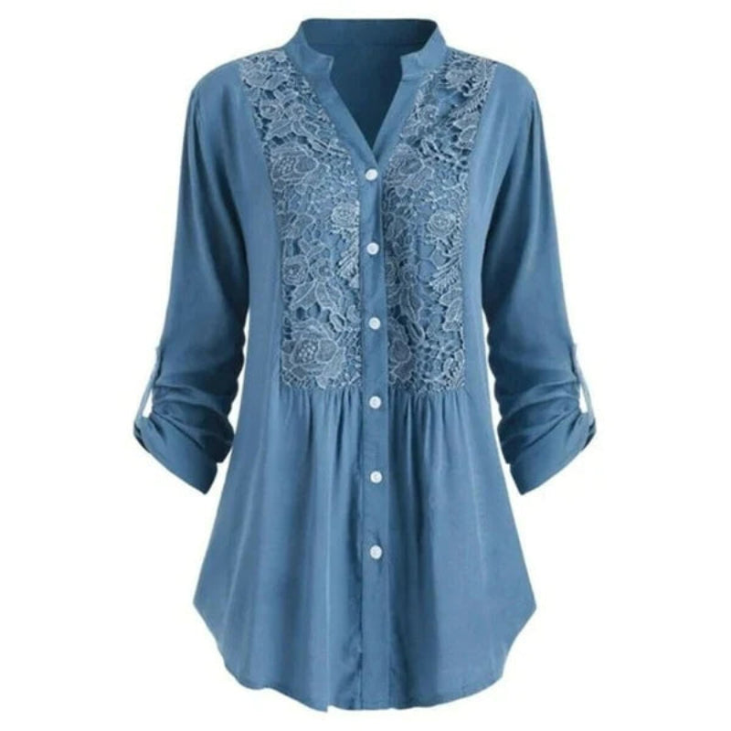 Damestuniekblouse met V hals en kant Lange mouwen