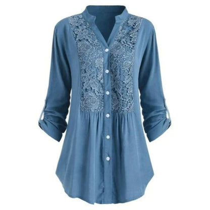 Damestuniekblouse met V hals en kant Lange mouwen