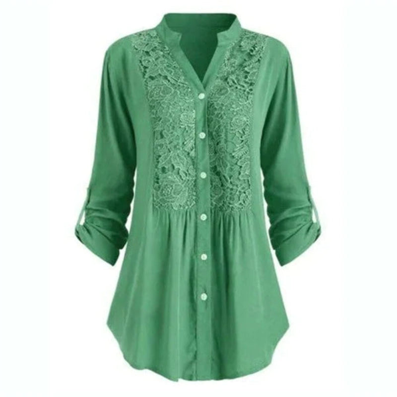 Damestuniekblouse met V hals en kant Lange mouwen