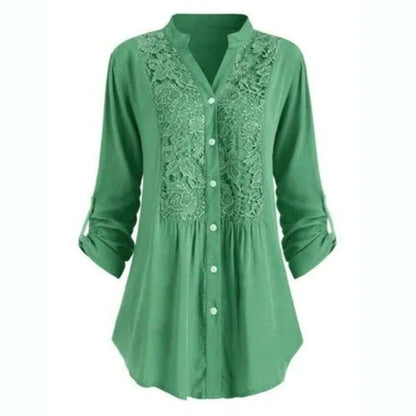 Damestuniekblouse met V hals en kant Lange mouwen
