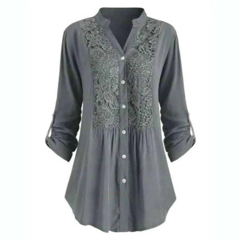 Damestuniekblouse met V hals en kant Lange mouwen