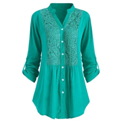 Damestuniekblouse met V hals en kant Lange mouwen