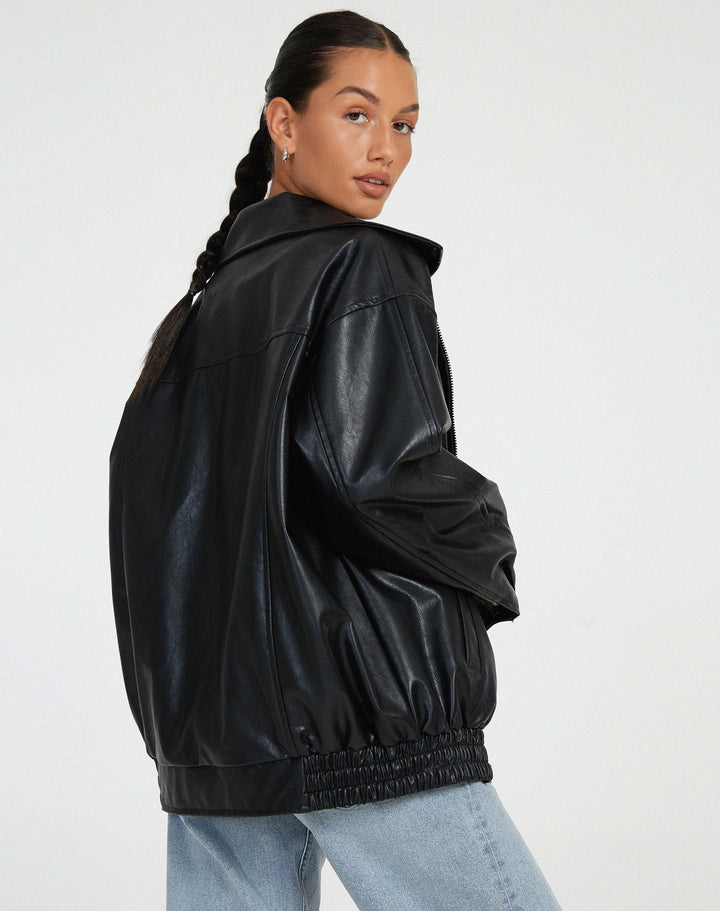 Dames Oversized Bomberjack In Leerlook in Zwart, achterkant met kraag